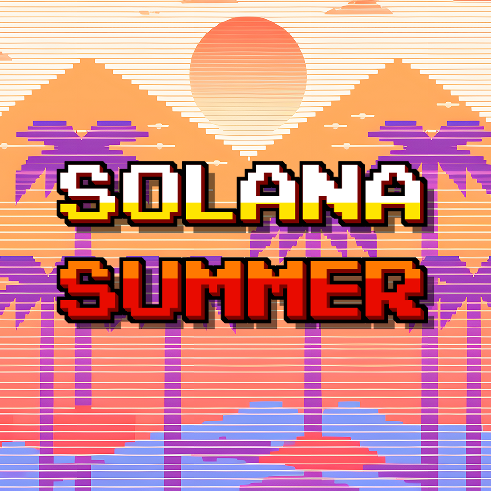 A pixel-art sunset over palm trees